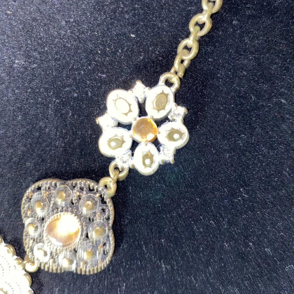 Statement Necklace Gold Tone Geometric Floral Amber Rhinestone Pendant‎ Choker